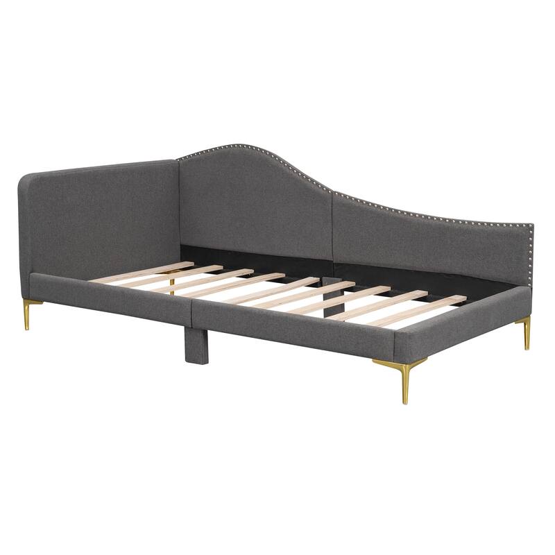 Twin Size Upholstered Daybed with Headboard, Armrest, and Support Legs in Grey
