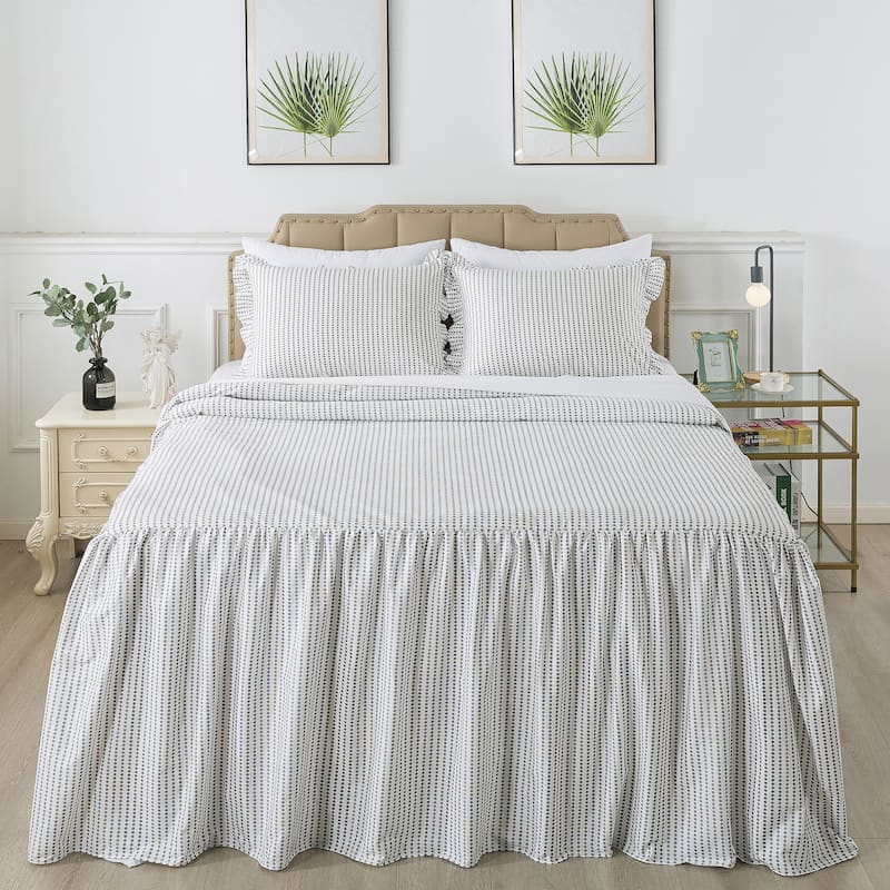 Dot Bedspread with 30" Ruffled Skirt Shabby Chic Farmhouse Style - Grey - Full