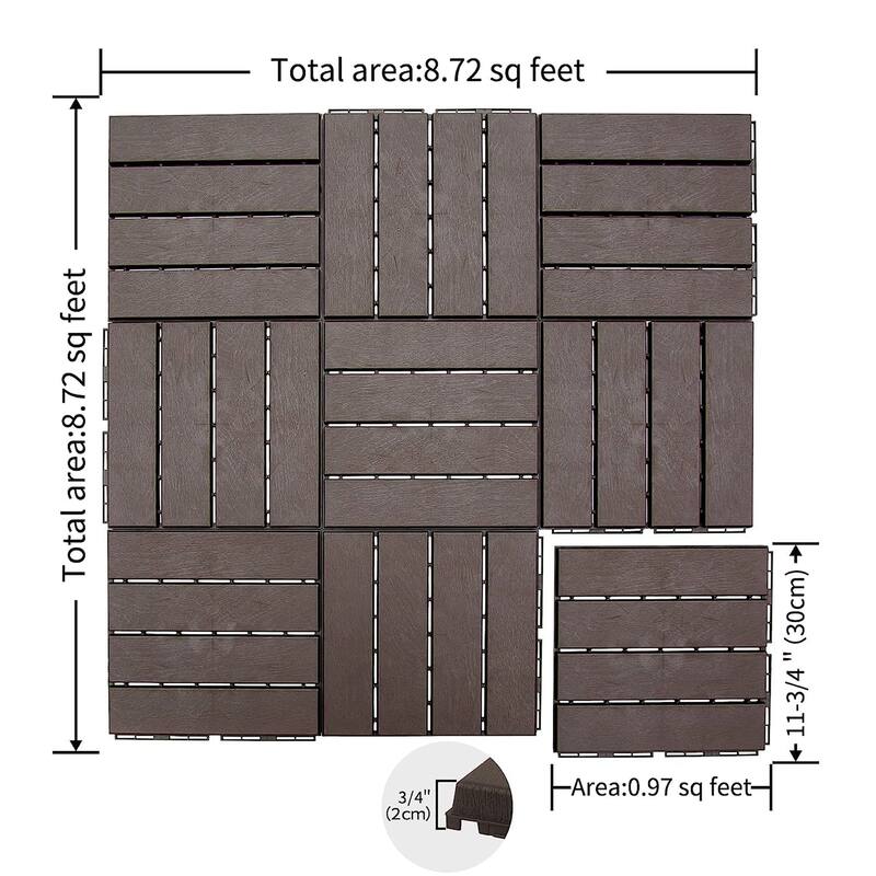 27 Pack Patio Interlocking Deck Tiles 12"x12" Square Composite Decking Tiles Four Slat Plastic Outdoor Flooring Tile