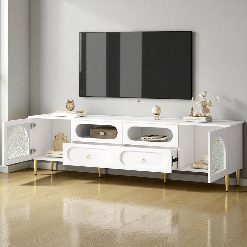 78.8'' Retro TV Stand for TVs up to 85'', Modern Media Console with 2 Cabinets, 4 Drawers, Glass Doors & Metal Legs