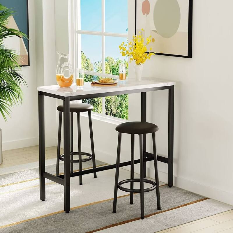 3 Piece Kitchen Pub Dining Set, Modern Faux Marble Counter Height Bistro Bar Table Set with 2 PU Leather Bar Stools