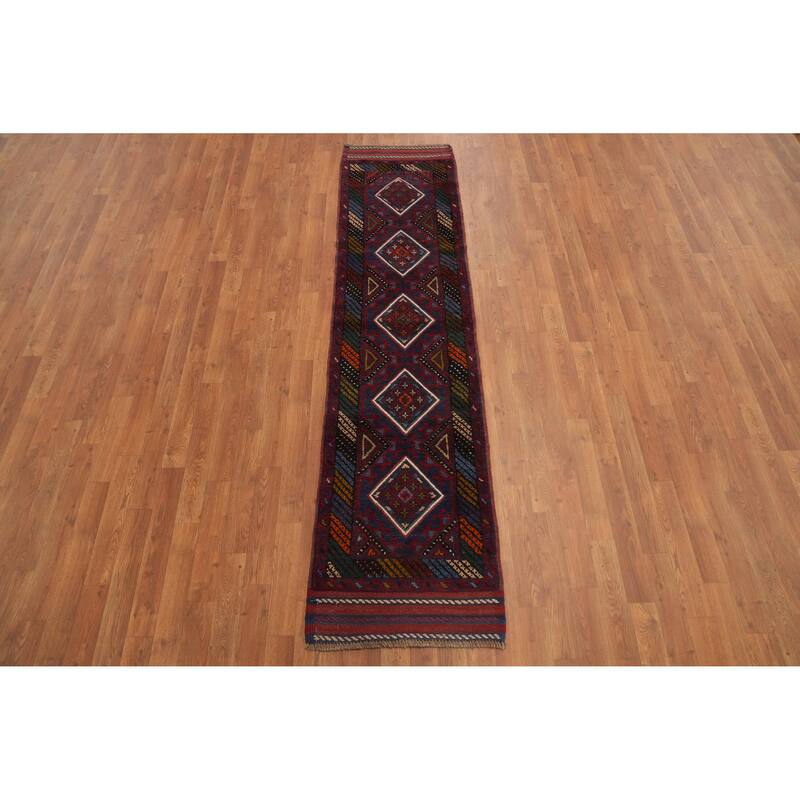 Hand Knotted Oriental 100% Wool Carpet Traditional Tribal Navy Blue & Blues Balouch Runner Rug - 7' 10'' X 1' 11''