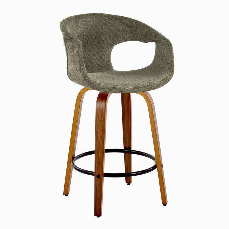 Carson Carrington Saurya 26" Fixed-Height Counter Stool with Bent Wood Legs & Round Footrest (Set of 2) - Green Fabric/Walnut Wood/Black Metal