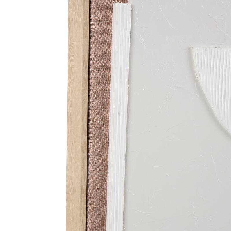 Brown Wooden Textured Geometric Framed Wall Art with Abstract Black and White Shapes and Fabric Backing