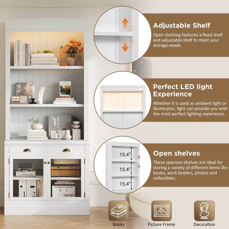 83.4"Tall Bookshelf with LED Lighting, Modern Bookcase with 2 Glass Doors and 1 Drawer