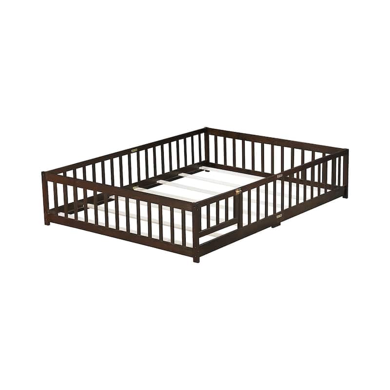 Queen Size Floor Bed with Fence,Door,Rubber Wood Floor Bed with Safety Guardrails