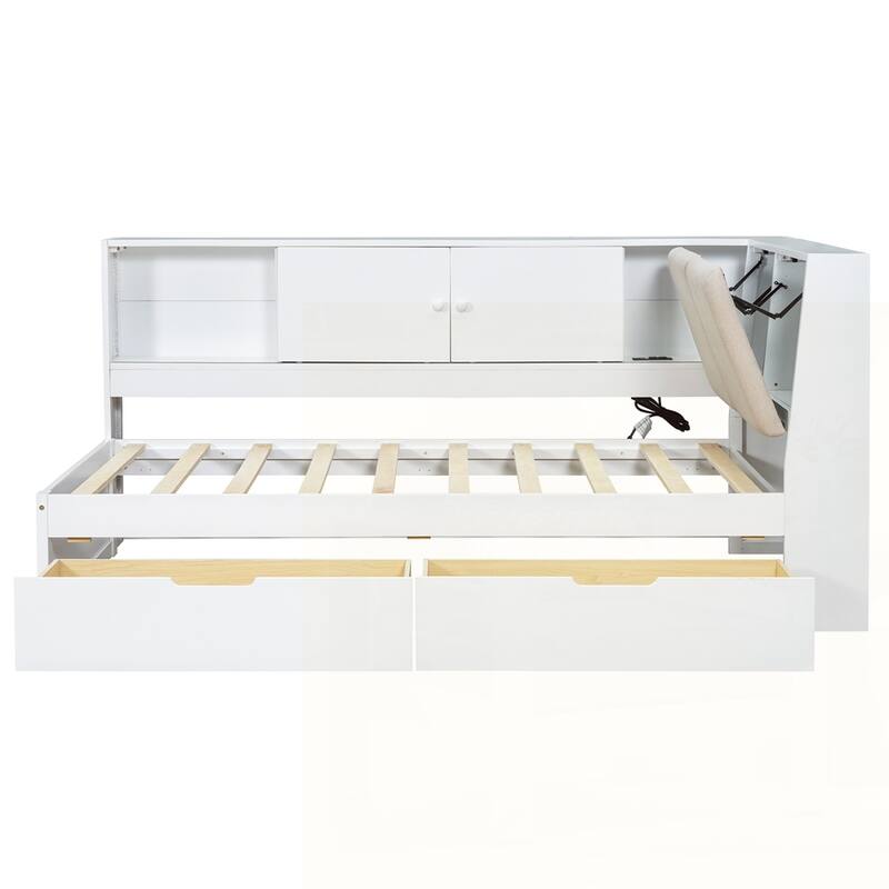 L-shaped Daybed Corner Bed with Storage Bookcase and USB Charging Ports