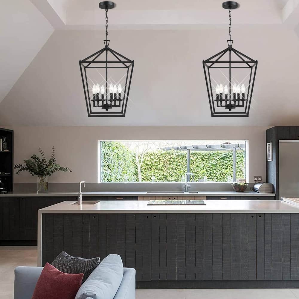 4 or 6-light pendant with steel cage shade and soft gold / Black finish