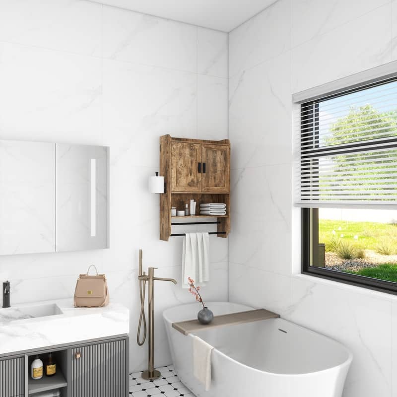 Bathroom Wall Cabinet with Doors,Adjustable Shelf,Towel Bar and Paper Holder