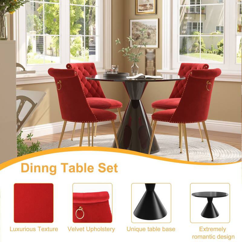48" Light Luxury Black High Gloss Large Countertop Dining Table with Velvet Dining Chair Set