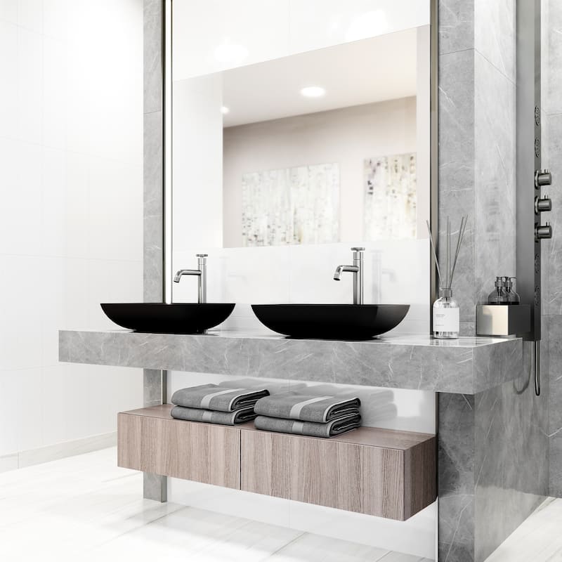 VIGO Sottile 18"L x 13"W Glass Vessel Sink and Cass 12"H Faucet Set - Matte Black