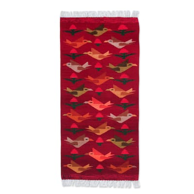 Novica Handmade Red Birds On The Wing Wool Rug (2X5) - 2' x 6' Runner