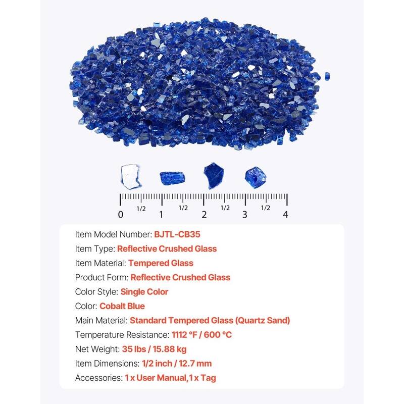 Cobalt Blue Tempered Fire Glass 1/2 Inch Reflective Crushed Rocks - 1/2 inch