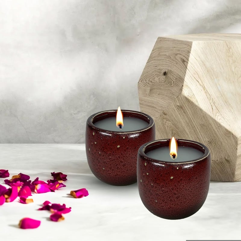 Red Glazed Ceramic Candle Jar Set of Two 6 oz Elegant Aria Design