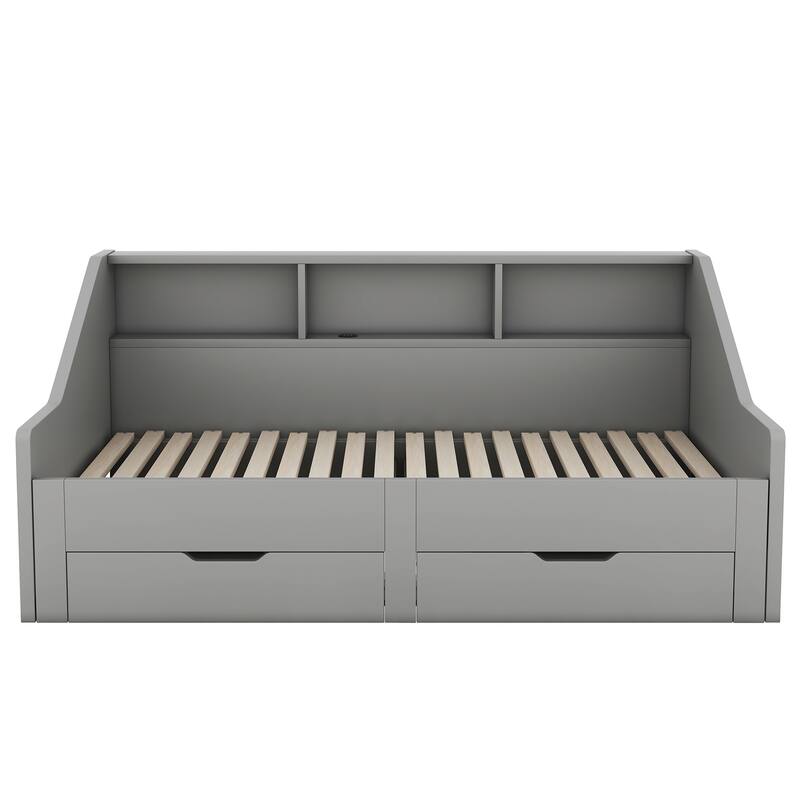 Twin to King Size Daybed Frame with Storage Bookcases and 2 Drawers,Charging Design, White