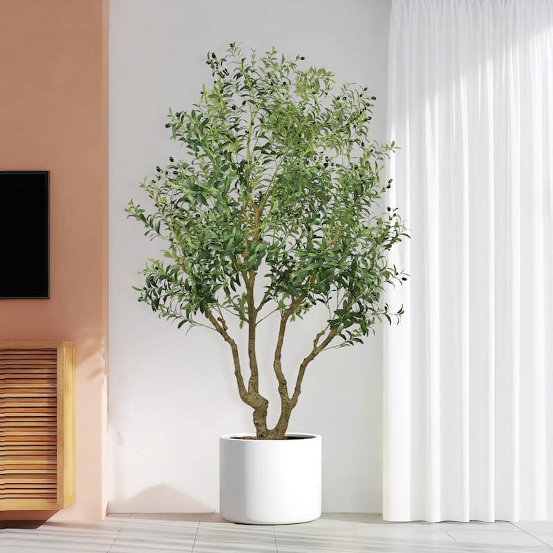 8FT Tall Artificial Olive Tree - Large Faux Potted Tree with Natural Trunk and Lifelike Olive Leaves and Fruit, 1 pc/set - Green