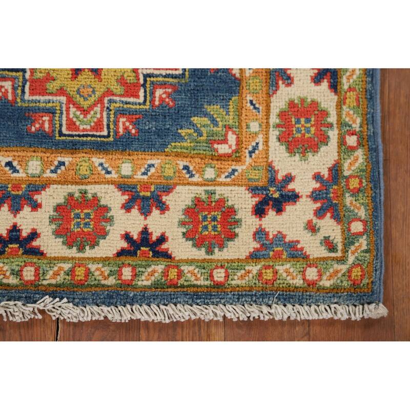 Blue Geometric Kazak Oriental Accent Rug Hand-Knotted Wool Carpet - 1'11" x 3'0"