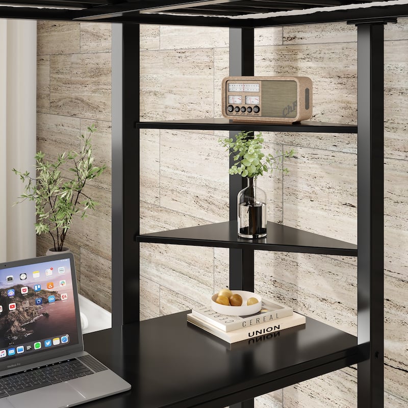 Full Size Loft Bed Frame with Desk and Triangular Shelves