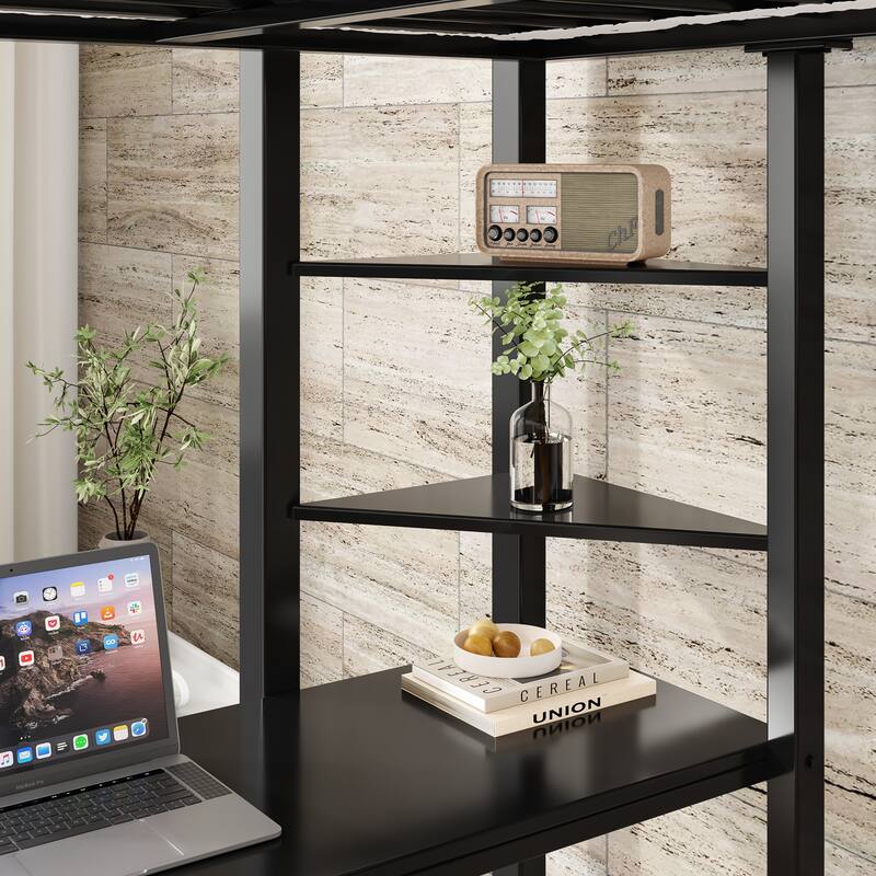 Full Size Metal Loft Bed with Desk and Storage, Ideal for Teens and Kids, Black Bedroom Frame