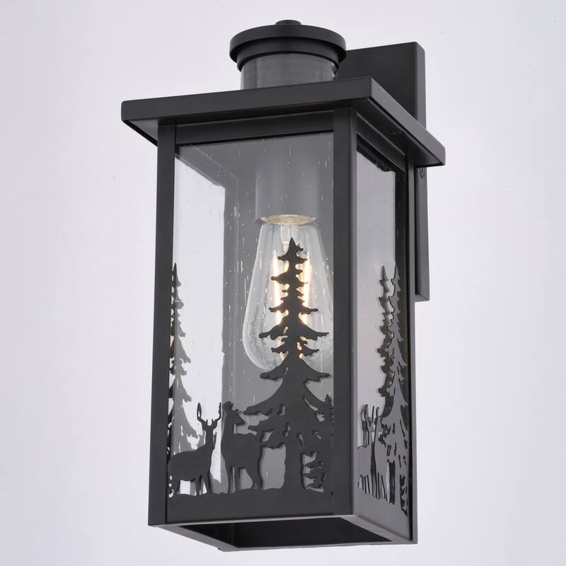 VAXCEL Acadia Matte Black Rustic Wildlife Motion Sensor Dusk to Dawn Outdoor Wall Sconce Light Fixture, Clear Seed Glass