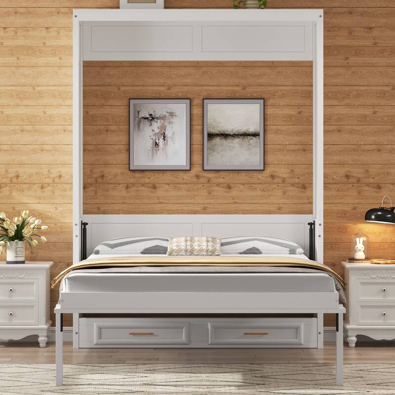 Space-Saving Full Size Murphy Bed with 2 Drawers, Beige Finish