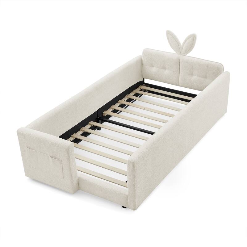 Roomfitters Twin Upholstered Platform Bed with Rabbit Ear Headboard, Safety Rail and Side Pocket, Boucle Fabric