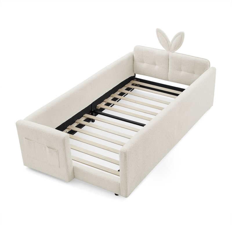 Twin Size Platform Bed Upholstered Bed with Safety Rail and Pocket, Kids Bed with Rabbit Ear, Skin-friendly Boucle Fabric