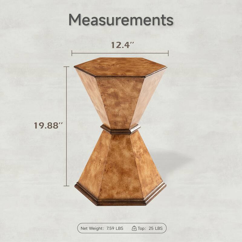 COZAYH Rustic Hexagonal Accent Table, Sculptural Hourglass-Shaped Side Table with Geometric Base, Brown