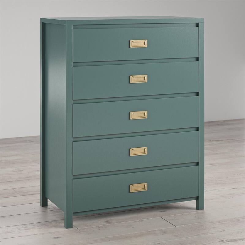 Anmytek Teal 5-Drawer Kids' Dresser with Brass Hardware, Modern Storage for Bedroom Entryway Nursery