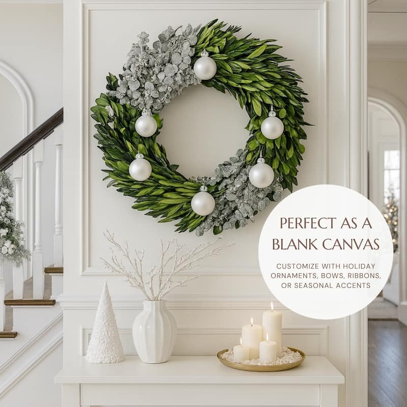 Preserved Decorative Dried Real Eucalyptus and Boxwood Wreath 21 Inch - Green