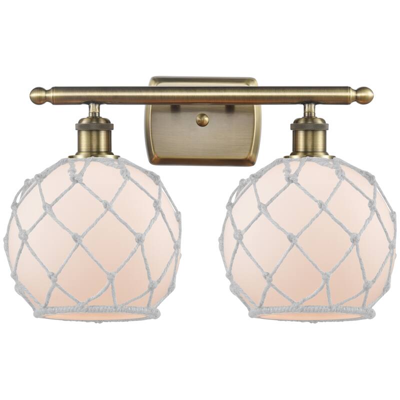 Innovations Lighting Endless Possibilities Ballston - Farmhouse Rope - 2 Light 18" Bath Vanity Light - Antique Brass/White Glass with White Rope