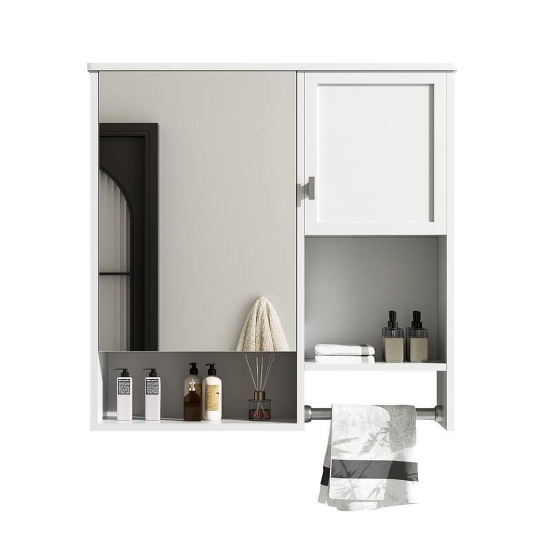29" x 28" Over The Toilet Bathroom Storage Cabinet with Towel Bar Wall Mirror Cabinet with Closed Cupboard and Open Shelf