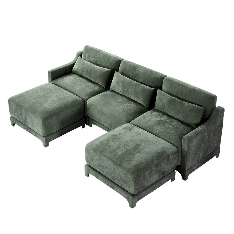 Modern Chenille 4-Seater Sofa with 2 Ottoman, Lumbar Cushions, Ergonomic Backrest, High-Resilience Spongeand Tufted Armrests