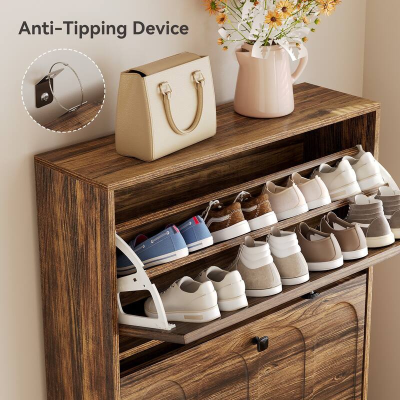 Narrow Shoe Cabinet with 2 Flip Drawers & Open Shelf