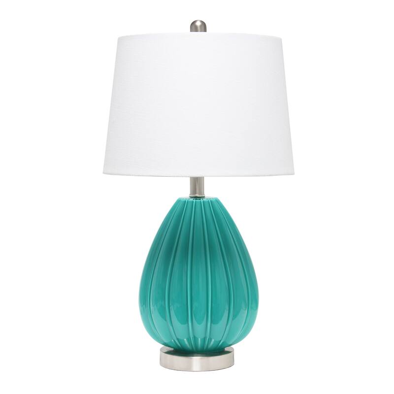 HomeRoots 23" Teal Blue And Silver Glass And Metal Novelty Table Lamp With White Drum Shade - 13.00 in. x 23.25 in. x 13.00 in.