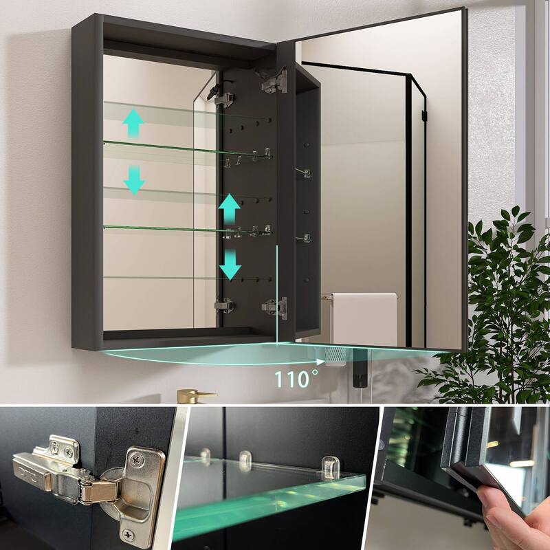 ZEAFIVE LED Black Bathroom Medicine Cabinet Surface Mount Defog Medicine Cabinet 3 Lights Dimmable
