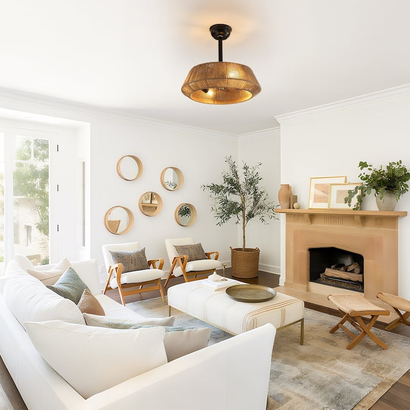 20" Boho Rope Black Caged Ceiling Fan with Dimmable Light and Remote