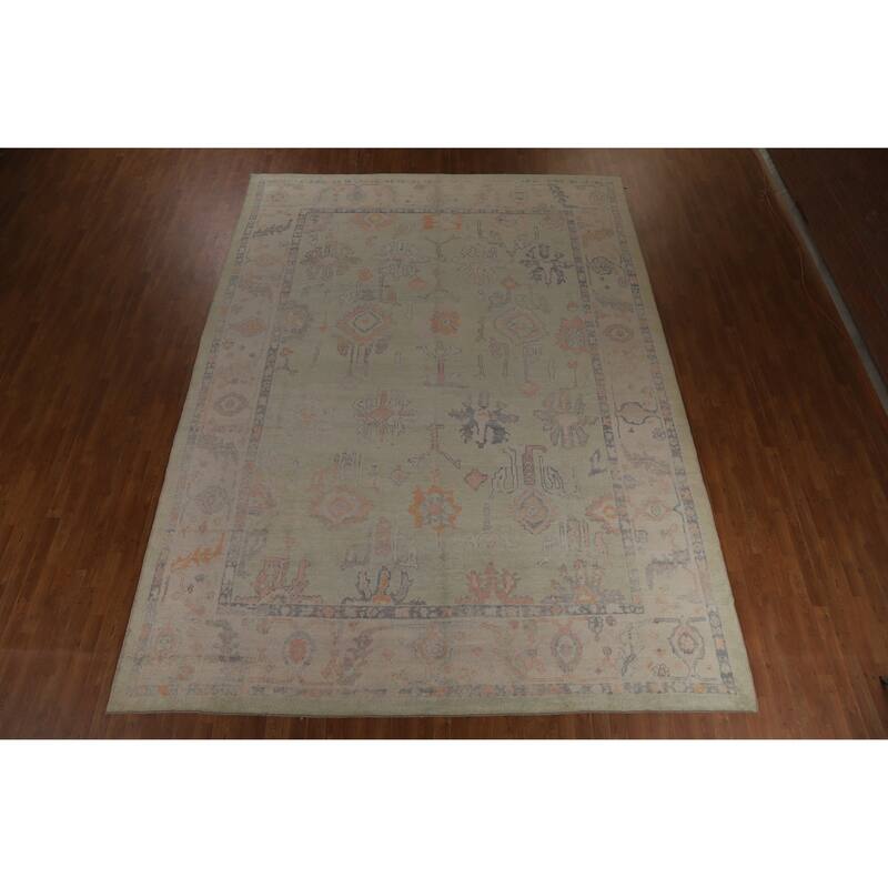 Hand Knotted Oriental 100% Wool Carpet Transitional All-Over Green Oushak Area Rug - 13' 9'' X 10' 4''