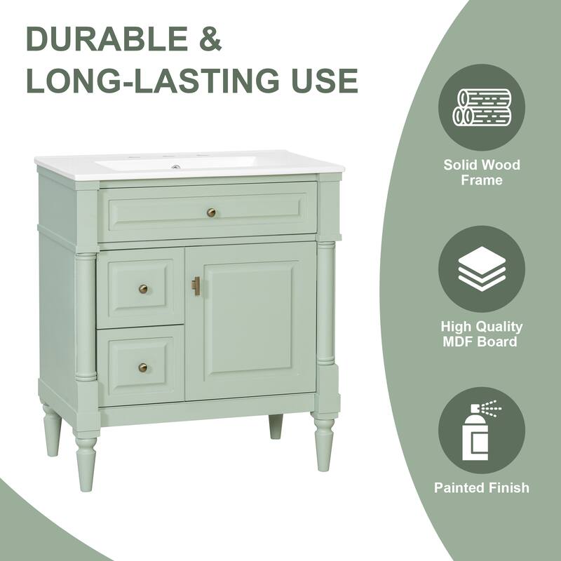 30" Bathroom Vanity with Sink, Freestanding Solid Rubberwood Cabinet with Flip Drawer & Adjustable Shelf