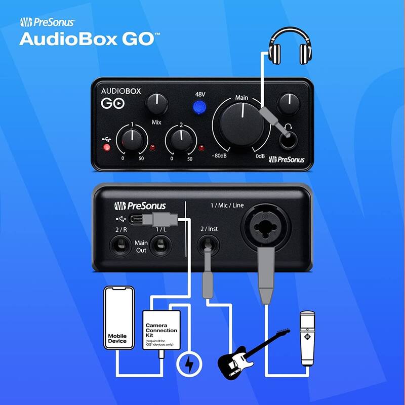 PreSonus AudioBox GO USB-C Recording Bundle: Mic, Headphones & Software