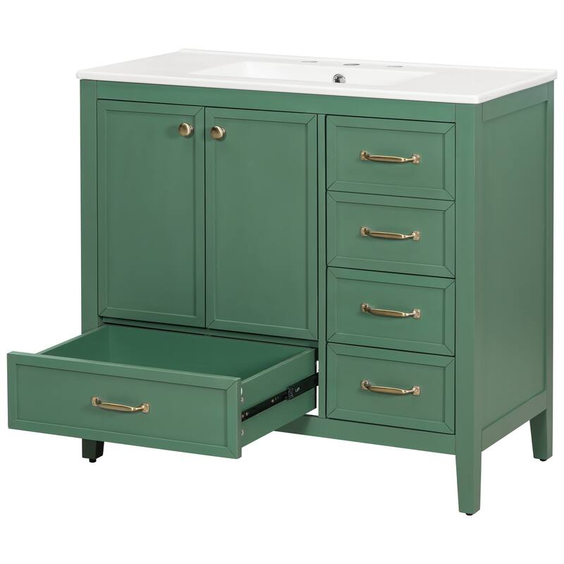 36" Bathroom Vanity with Sink, Bathroom Cabinet with Soft-Closing Door, 4 Drawers of Different Sizes, Solid Wood Frame and Leg