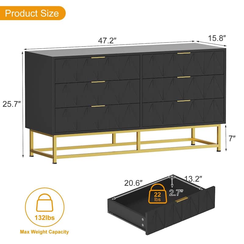 6-Drawer Fabric Dresser, with Wide Drawers and Metal Handles
