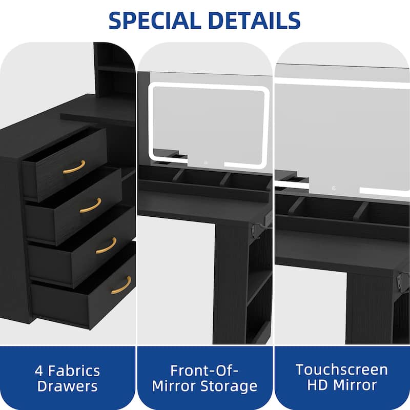 Moasis L-Shape Makeup Vanity Desk with Mirror and Lights & Charging Station