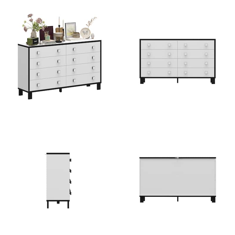 63" Modern 8 Drawer Dresser, Black & White Double Wide Bedroom Storage Chest