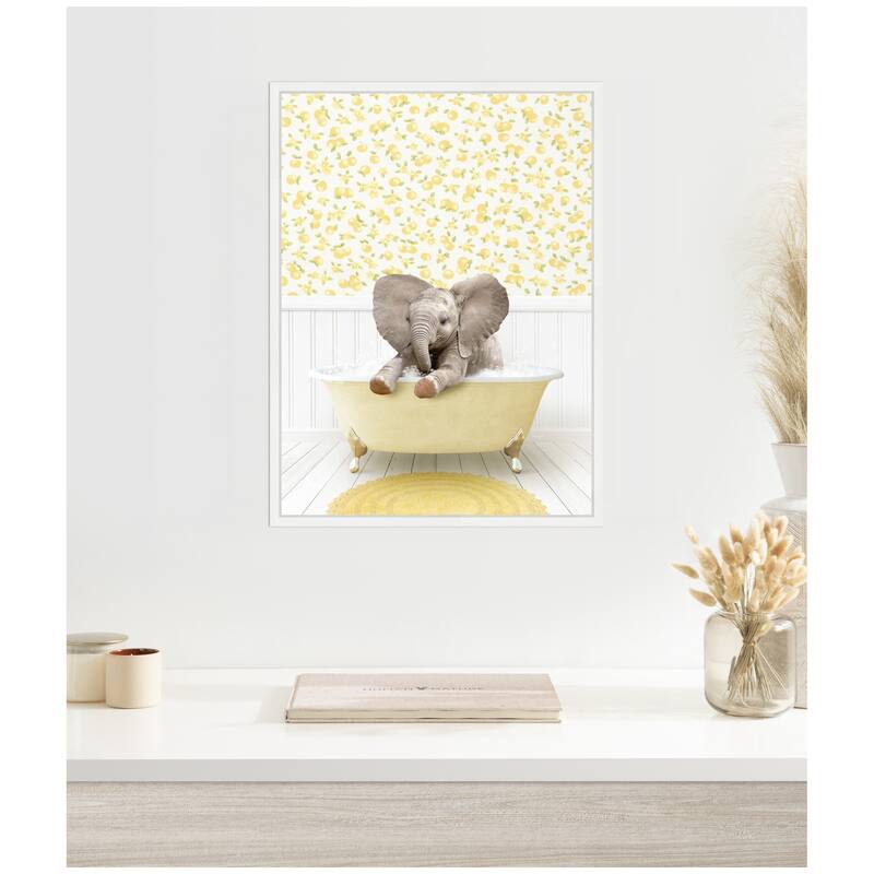 Kate and Laurel Sylvie Baby Elephant 6 in Cottage Yellow Bathtub Framed Canvas by Amy Peterson
