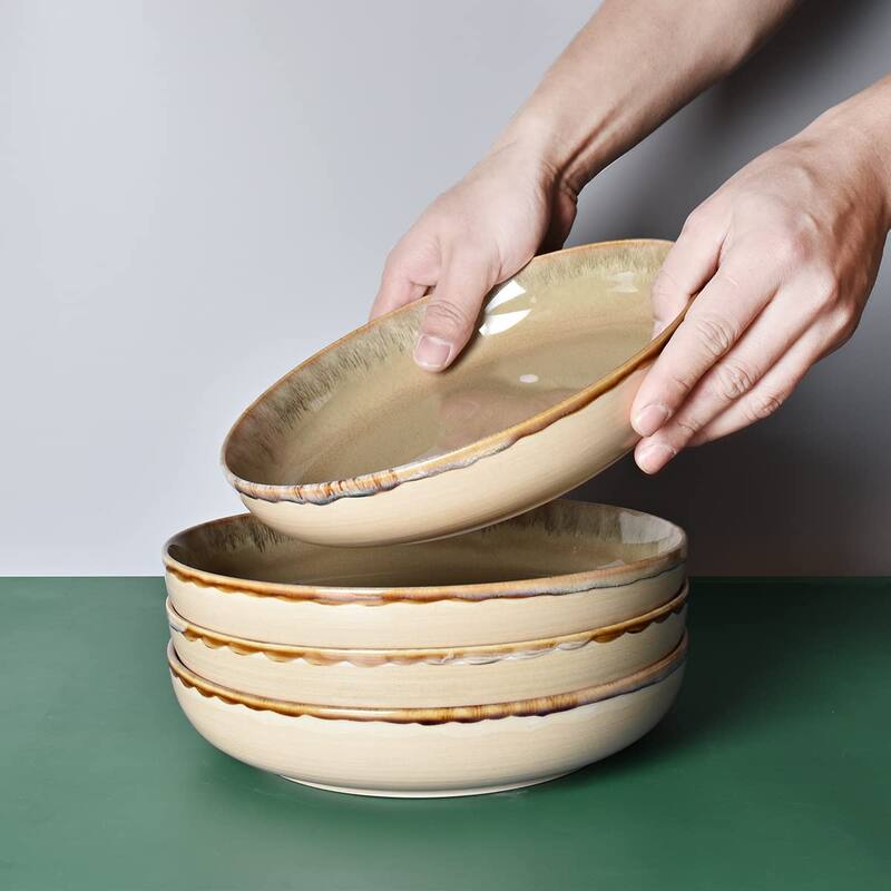 Stoneware Large Pasta Bowls, Set of 4, 40 Oz, Big Salad Bowls, Microwave and Dishwasher Safe (Brown Grey, 9.3 in)