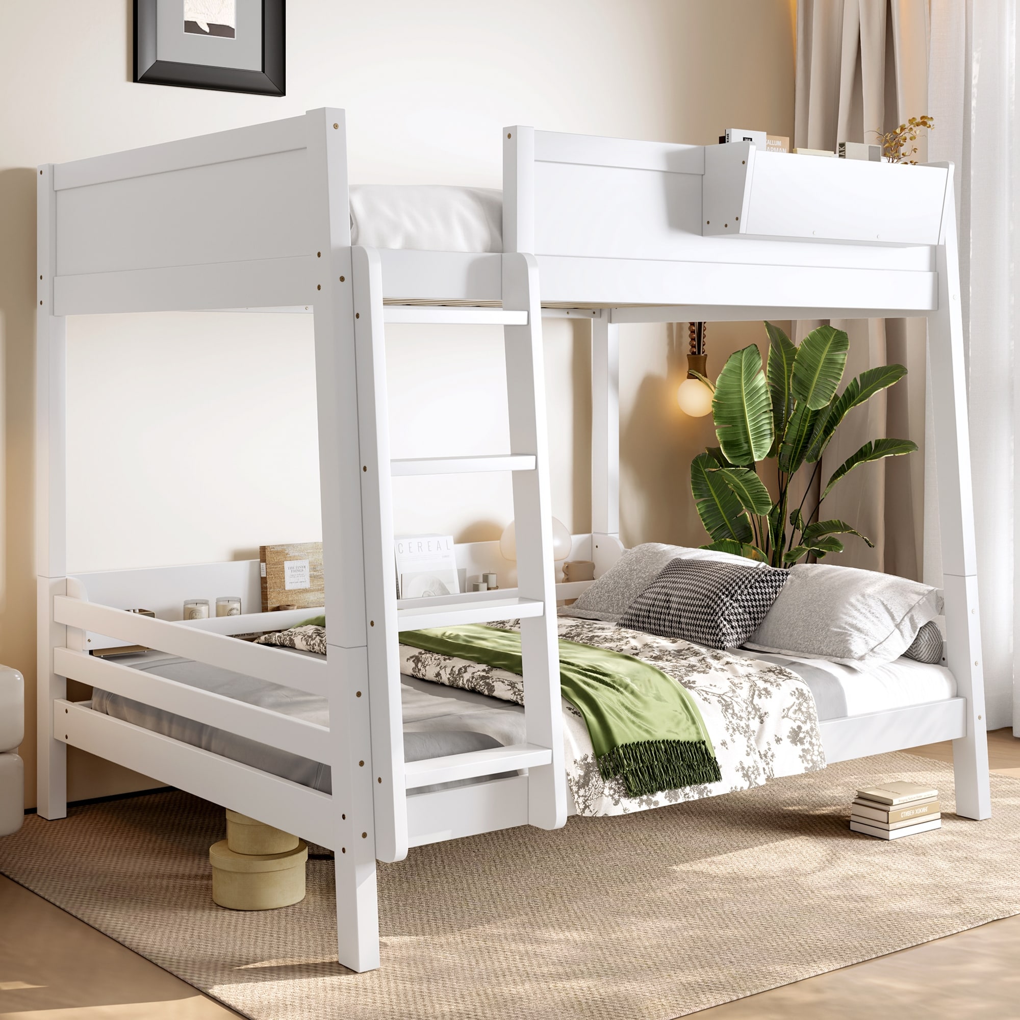 Full Bunk Bed With Storage Shelf and Bookshelf,Wood Bunk Bed with Ladder and Guardrails,Detachable Design