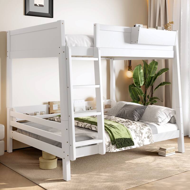 Wood Bunk Bed with Storage Shelves and Bookshelf, Ladder & Guardrails, Detachable Design - White - Full