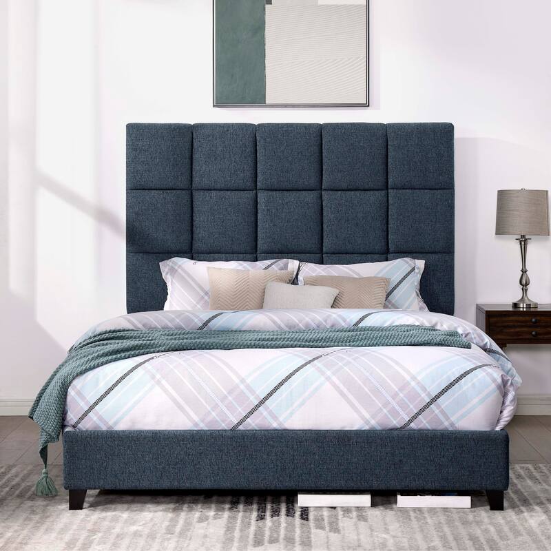 Bridgevine Home Tall Denim Navy Blue Square Headboard Upholstered Platform Bed - Queen