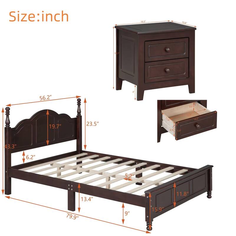 VIENO HOME 3-Pieces Wood Bedroom Sets Queen/Full Size Platform Bed and 2-Drawer Nightstands Set of 2